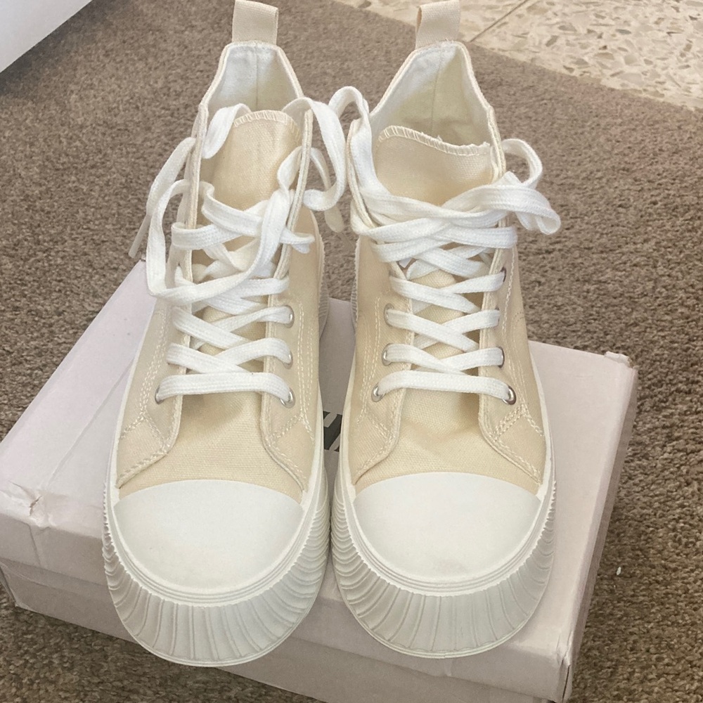 Women's Beige High-Top Sneakers - Picture 2 of 7